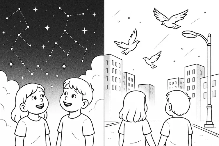 Split-panel art of two kids under starry vs. light-polluted skies—showing urban light's impact.