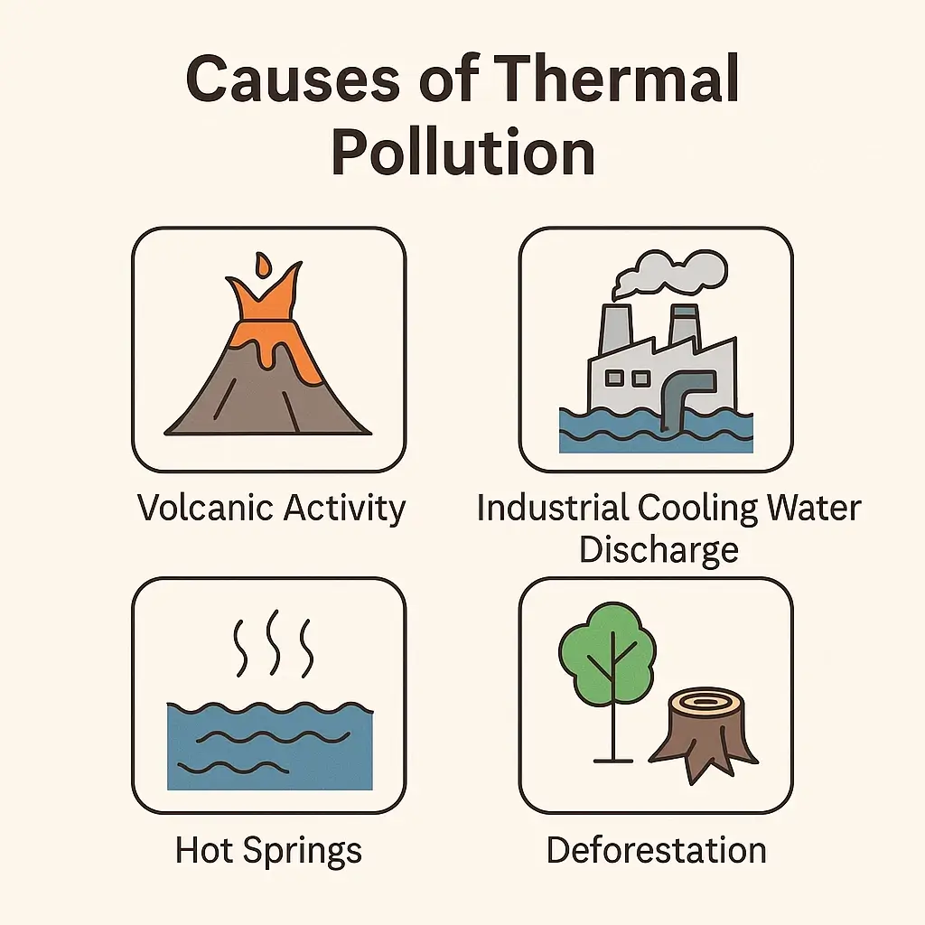 "Causes of Thermal Pollution: Illustrated icons showing key contributors including volcanic activity, industrial cooling discharge, hot springs, and deforestation."