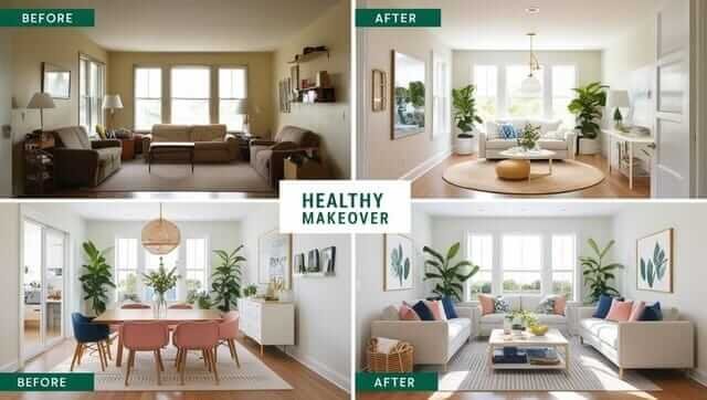 "Visual comparison: Conventional paint emitting VOC fumes (left) vs zero-VOC eco-paint with bamboo flooring (right) for healthier indoor air"
