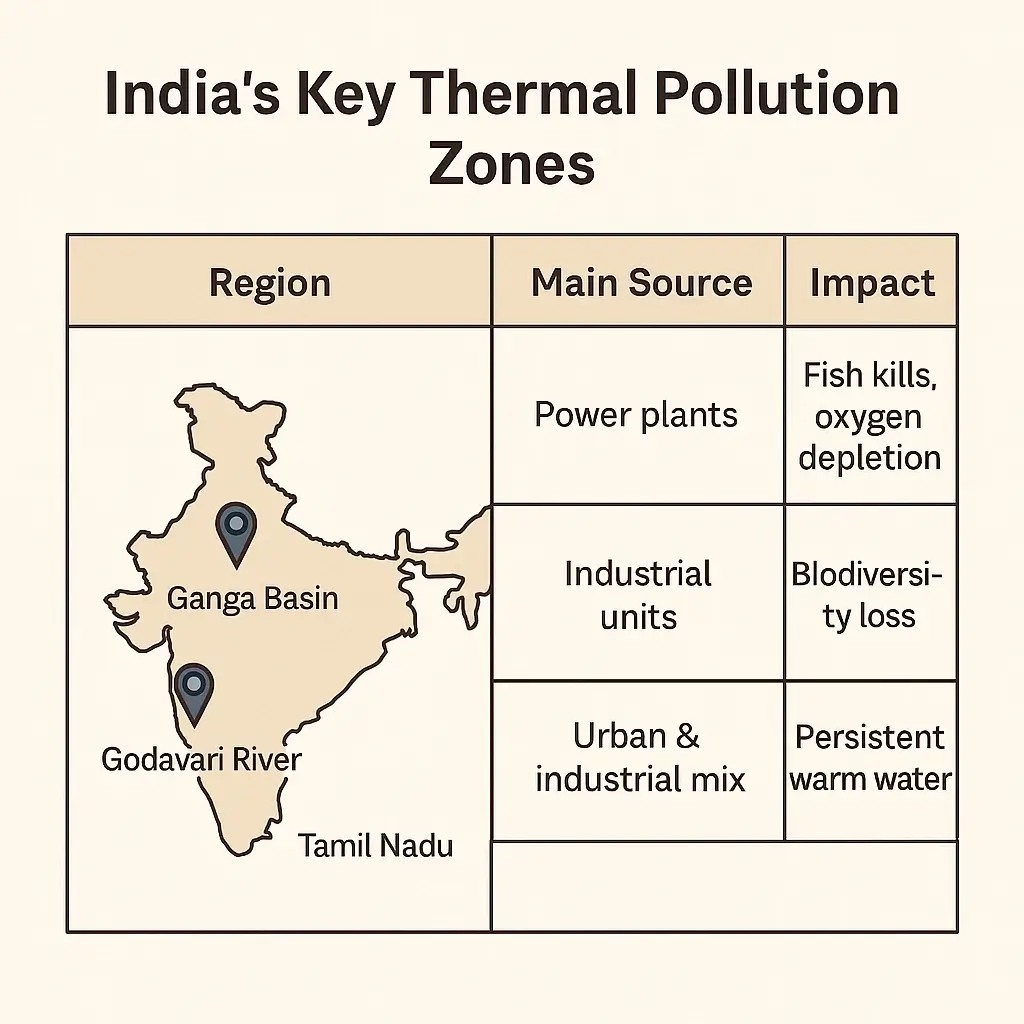"Causes of Thermal Pollution: Map and table highlighting India’s key thermal pollution zones including the Ganga Basin, Godavari River, and Tamil Nadu, with sources and environmental impacts."