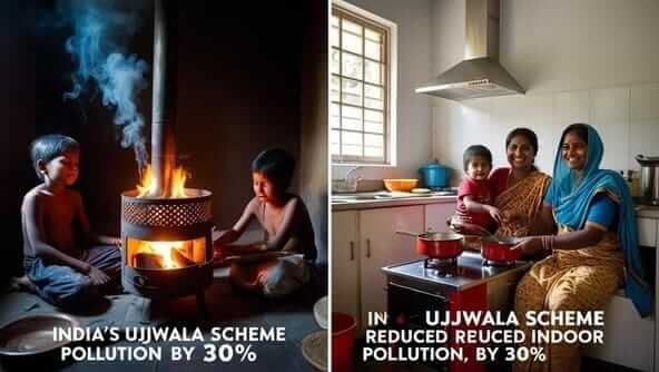 "Side-by-side photo: Traditional smoky wood-fired chulha (left) vs clean-burning LPG stove (right) demonstrating 30% indoor pollution reduction"