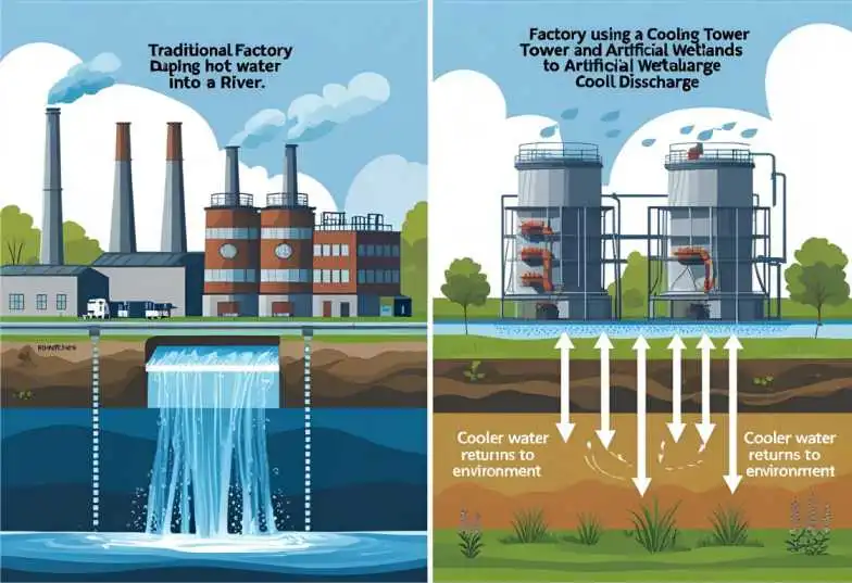 Illustration comparing factory thermal discharge with cooling tower solutions.