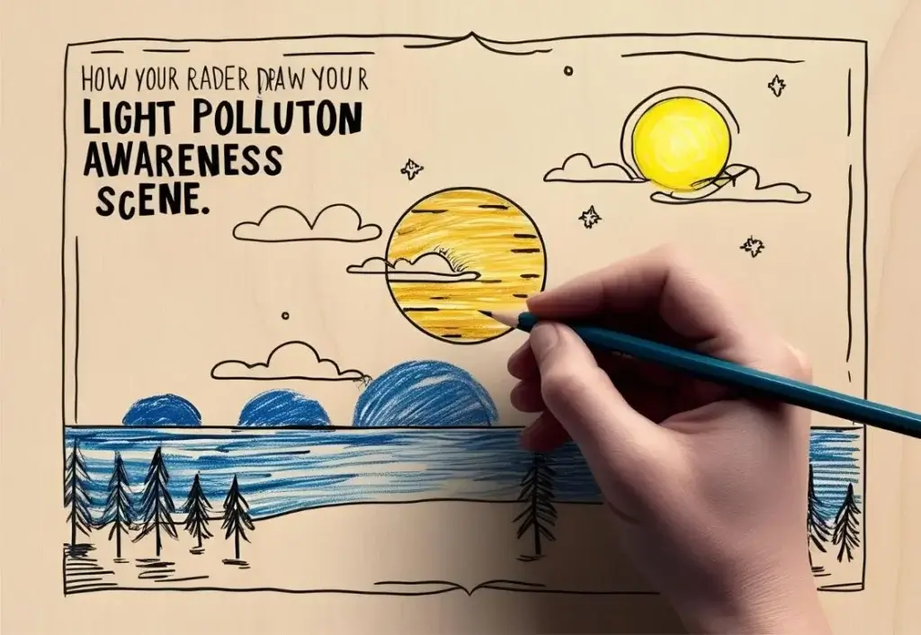 "Light pollution drawings creation process showing hand with pencil illustrating environmental awareness"