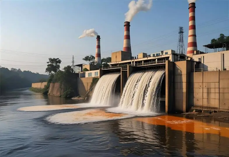 Photograph of hot water being discharged from Koradi Thermal Power Plant into a river.