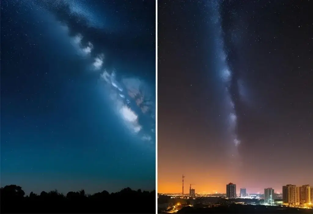 "Light pollution drawings showing contrast between dark starry sky and light-polluted urban night"