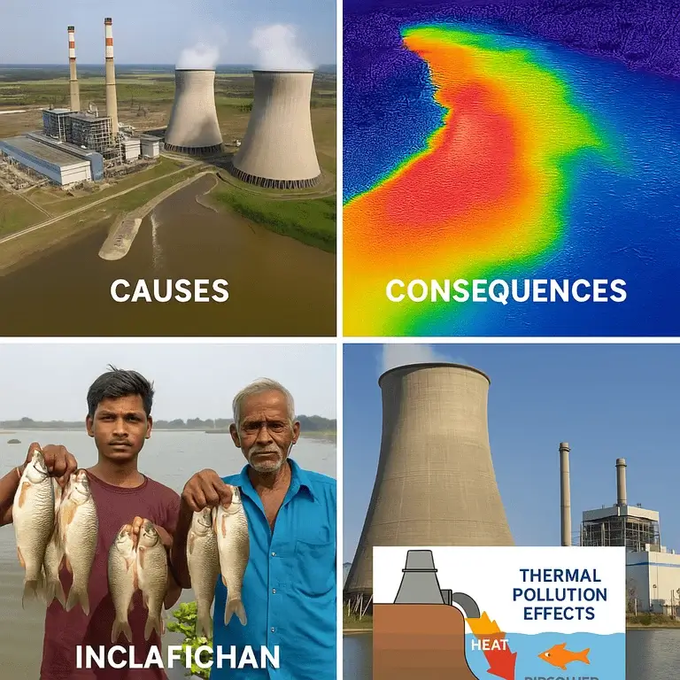 "Before and after comparison of ecological restoration efforts at sites affected by thermal pollution in India, showing improved biodiversity and water quality"