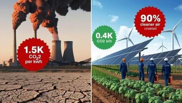 "Split-screen contrast: Polluting coal power plant emissions (left) vs clean solar/wind energy farm (right) for air quality improvement"