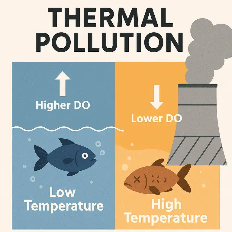 "Bar chart showing declining fish catch in tons per year near thermal pollution sources in India from 2015-2025, with correlation to water temperature increase"