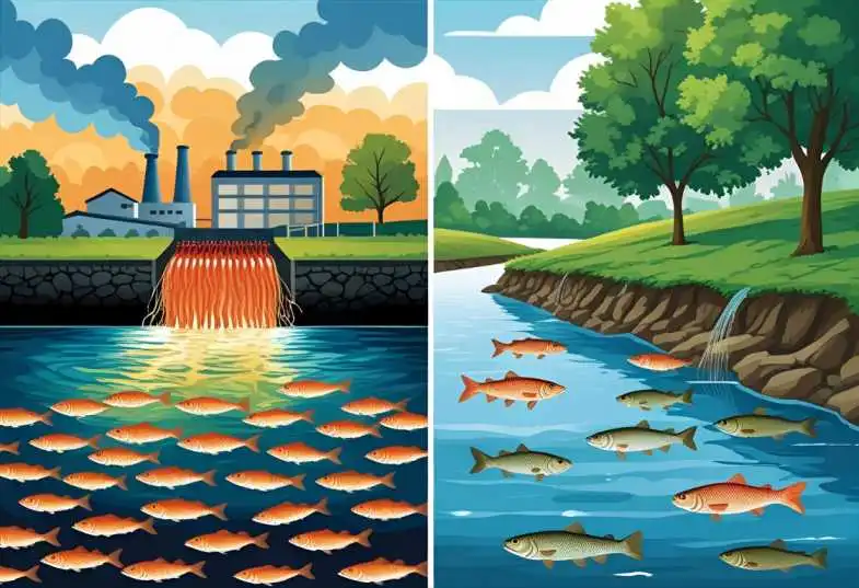 Split-screen illustration showing thermal pollution from factory discharge harming fish on one side, and restored riverbank with trees cooling water and healthy fish on the other.