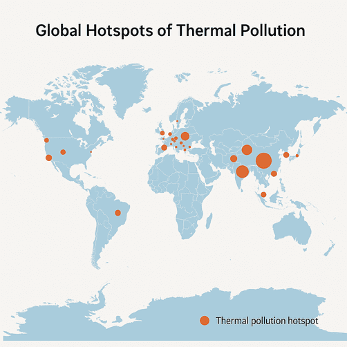 A color-coded world map highlights thermal pollution hotspots, with red areas over China’s coal plants and U.S. industrial sites. Factory icons and thermometer symbols indicate zones of extreme temperature discharge.