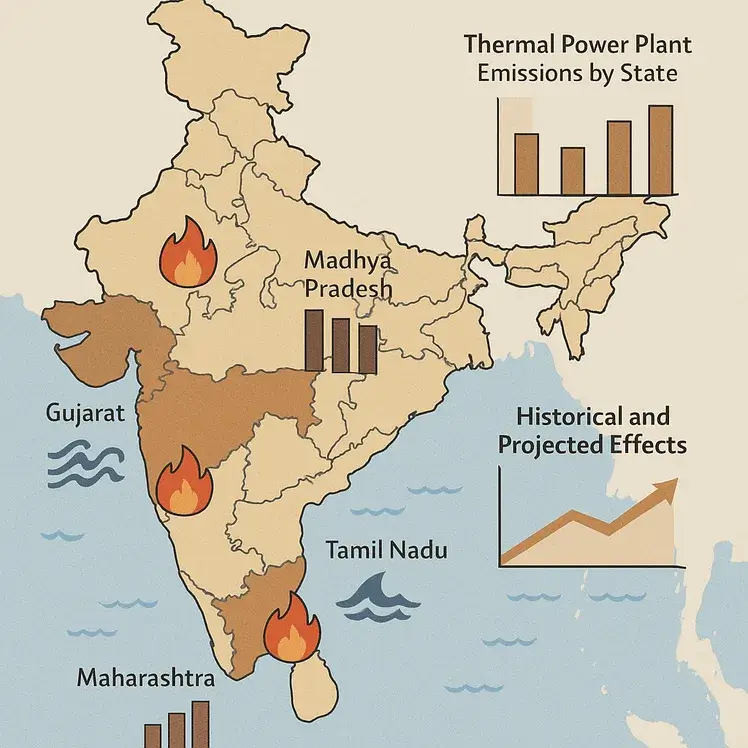 "A 2D map infographic showing major hotspots of thermal pollution in India, highlighting affected regions like Singrauli, Koradi, and Gujarat coastal areas."