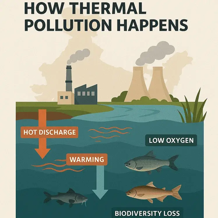 "An educational infographic illustrating the process and causes of thermal pollution in India, including industrial discharge, power plant cooling, and ecological impacts."