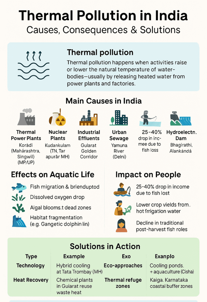 "Thermal Pollution in India: Causes, Consequences & Solutions." It explains that thermal pollution occurs when activities raise or lower the natural temperature of water bodies, mainly due to discharges from power plants and factories.