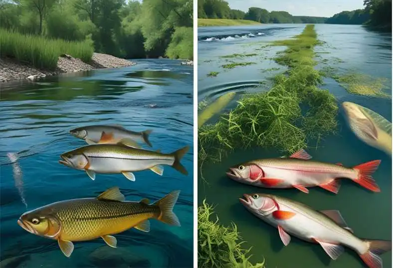 Before-and-after image of a river affected by thermal pollution, showing healthy and degraded ecosystems.