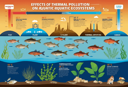 "Graph comparing oxygen levels and temperature in thermally polluted water versus normal water, highlighting the impact on aquatic ecosystems."