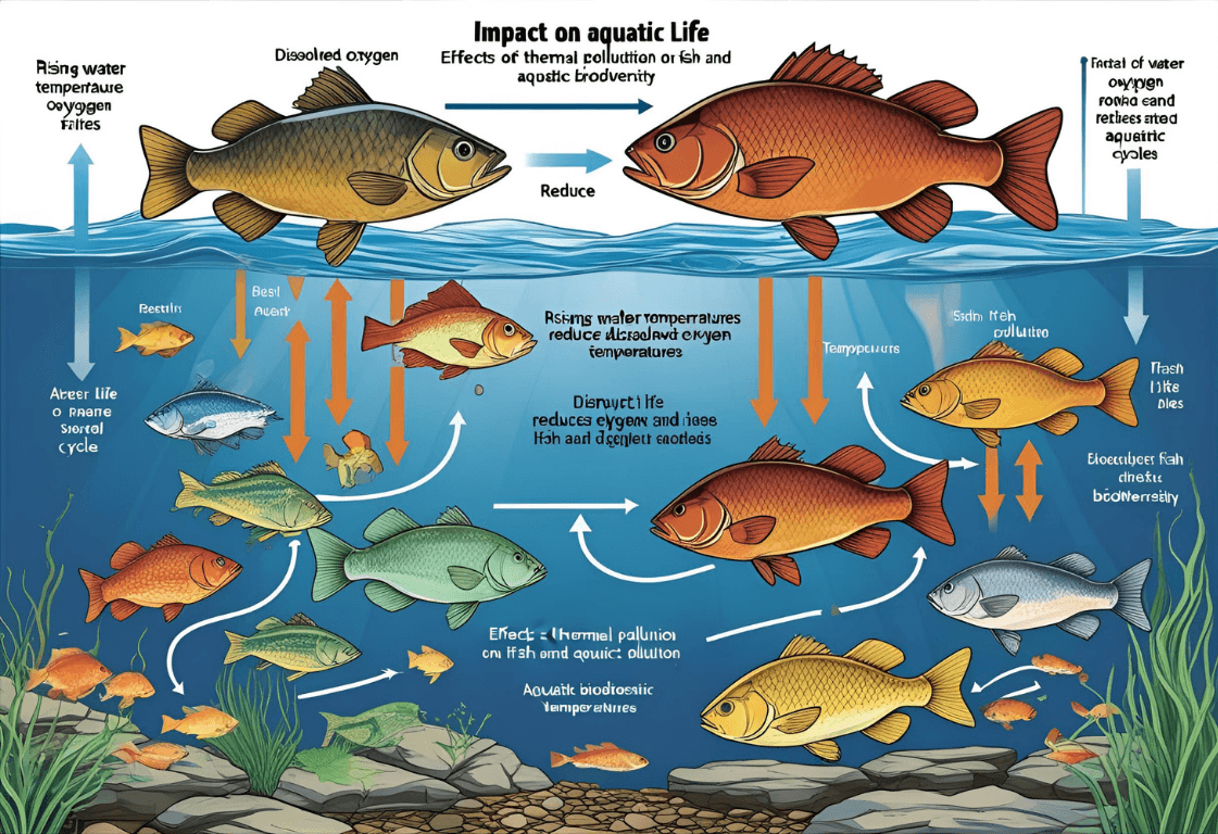 Diagram illustrating how rising water temperatures reduce dissolved oxygen and disrupt fish life cycles.