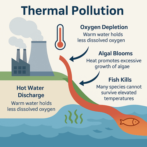 "An educational infographic illustrating the effects of thermal pollution. It features a factory discharging hot water into a river, causing fish kills and algal blooms. The infographic includes a temperature gradient from blue (cool water) to red (heated water), arrows indicating heat flow, and key statistics on oxygen depletion, toxic algae growth, and aquatic life impacts."