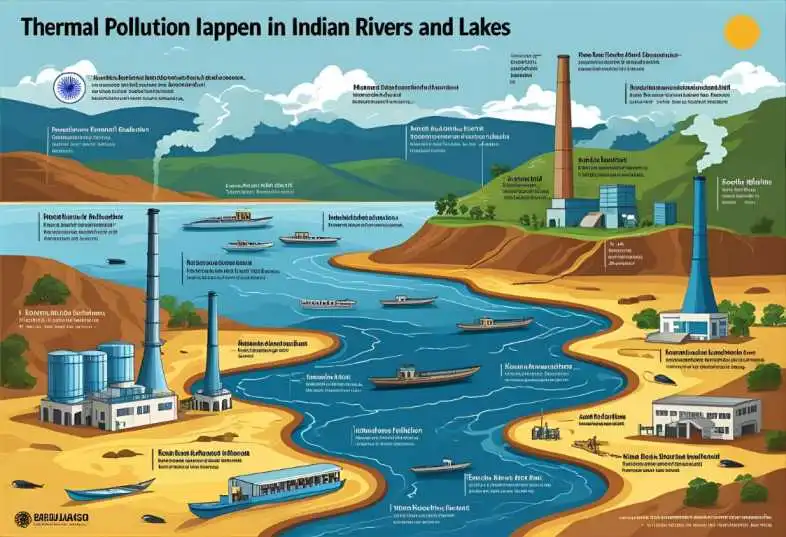 Infographic explaining how thermal pollution happens in Indian rivers and lakes, with sources and impacts.
