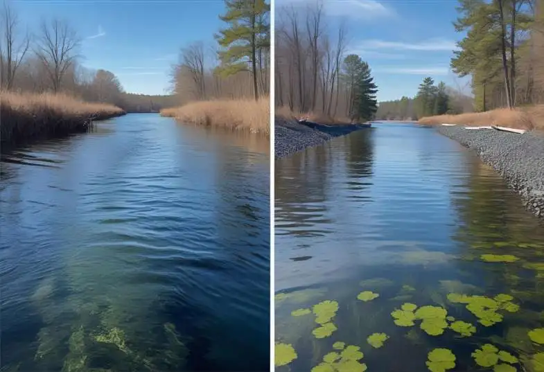 Side-by-side images showing water quality improvement after implementing cooling systems.