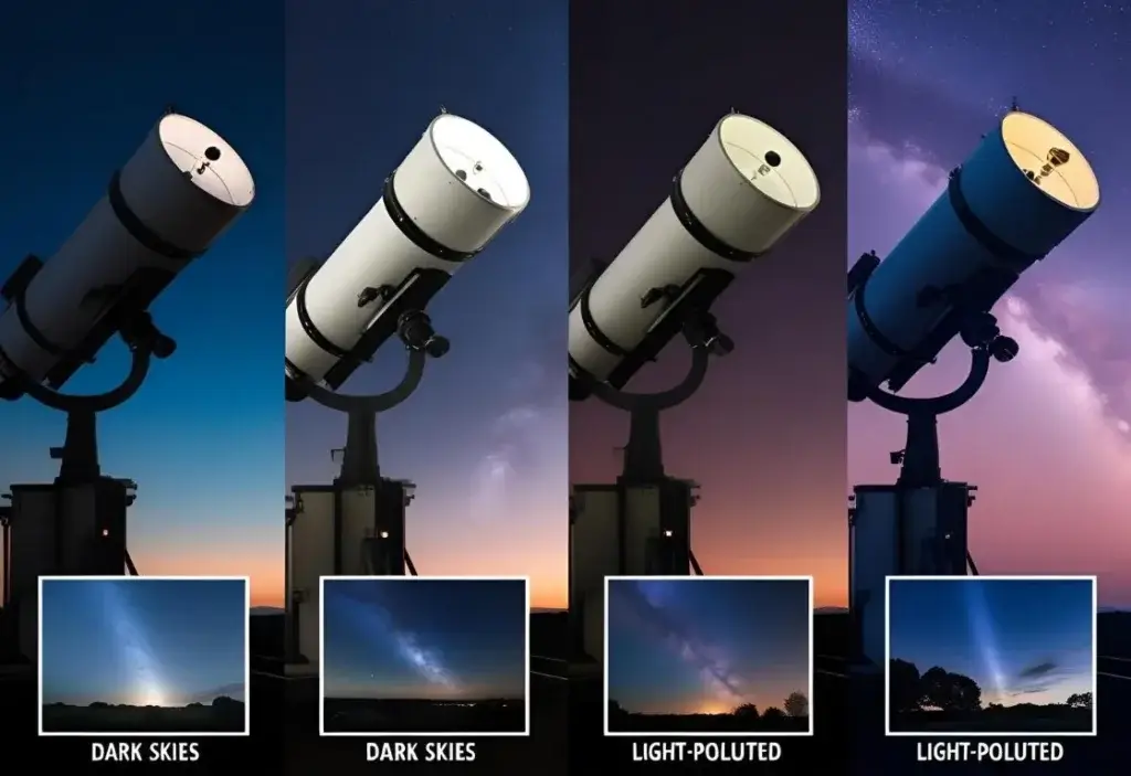 "Light pollution drawings showing observatory views affected by increasing urban light levels"