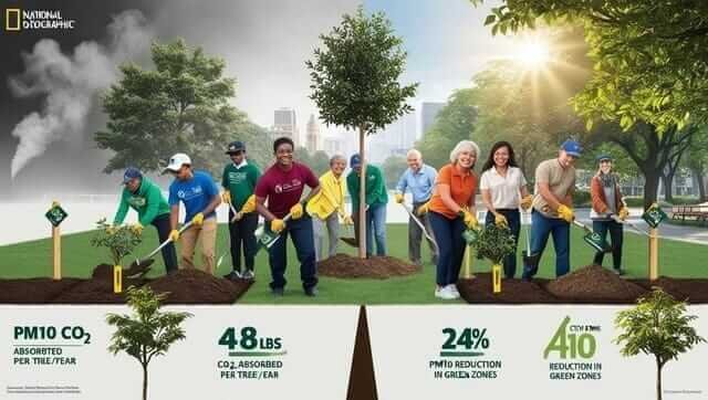 "Diverse volunteers planting urban trees to absorb CO₂ and PM10 pollution, with smog-to-clean-air transition effect overlay"