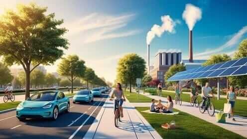 "An eco-friendly cityscape showcasing Which Substitutions Can Help Reduce Air Pollution, featuring electric vehicles, cyclists, solar panels, and minimal industrial emissions for cleaner air."