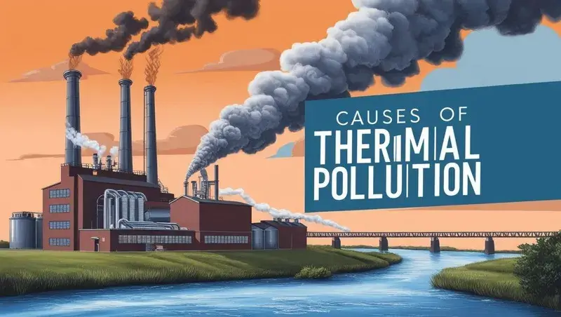 "Causes of Thermal Pollution - Illustration of a factory releasing hot water into a river, showing industrial impact on water temperature."