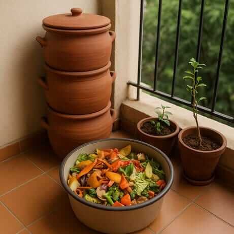 Terracotta compost bins and a bowl of vegetable scraps on a balcony, illustrating sustainable composting as part of the Zero Waste Lifestyle in India.