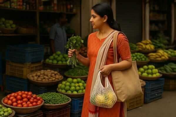 Indian woman shopping plastic-free at a local market with cloth and mesh bags, promoting the Zero Waste Lifestyle in India.