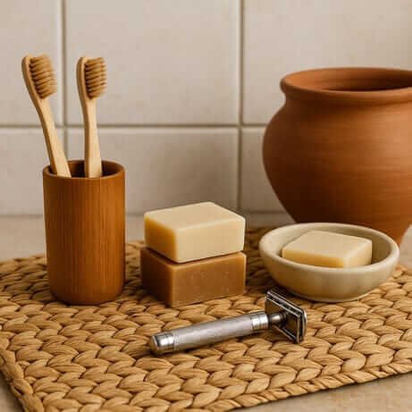 Eco-friendly personal care items like bamboo toothbrushes, soap bars, and a metal razor on a woven mat, representing the Zero Waste Lifestyle in India.