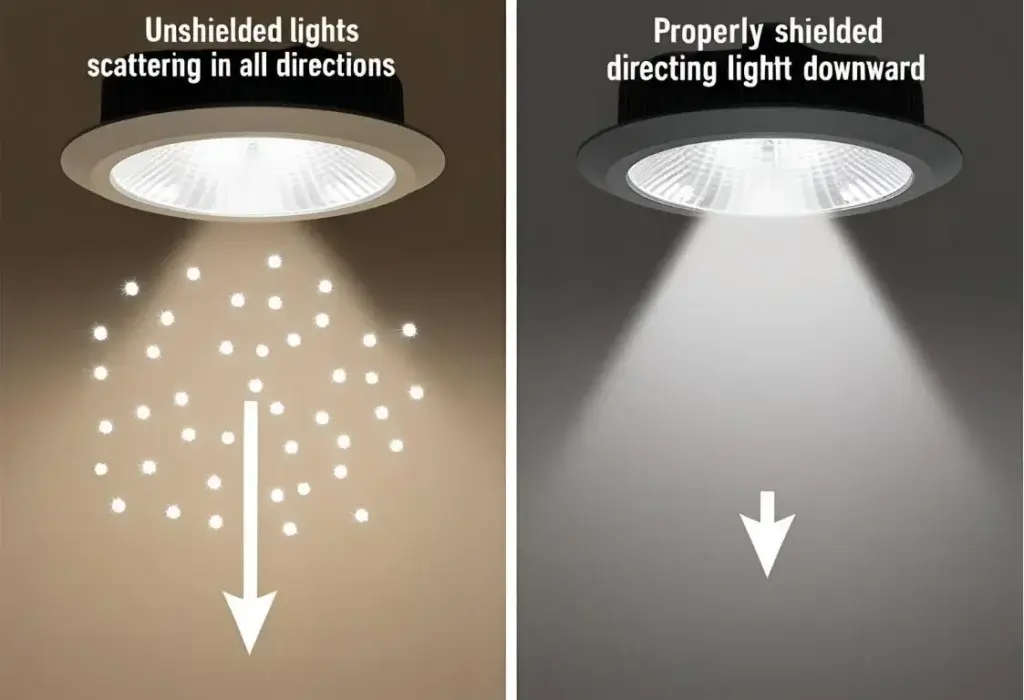 "Light pollution drawings comparing unshielded vs shielded lighting fixtures with directional arrows"