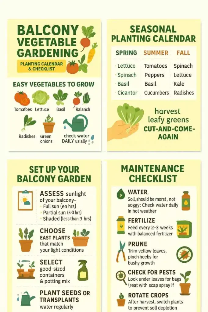 "Infographic guide for balcony vegetable gardening showing easy vegetables to grow, a seasonal planting calendar for spring, summer, and fall, setup tips, and a maintenance checklist for beginner urban gardeners."