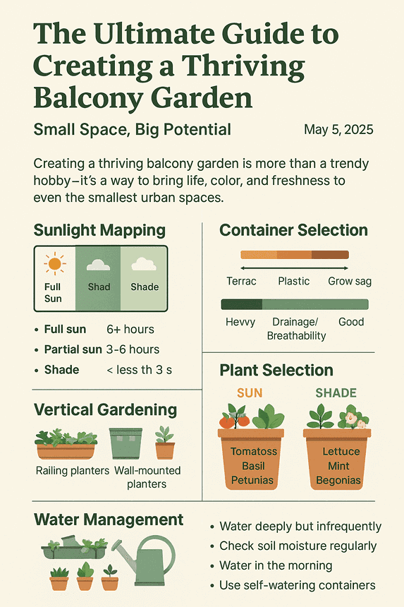 "Infographic on Creating a Thriving Balcony Garden with tips on sunlight mapping, container types, vertical gardening, plant selection, and water management."