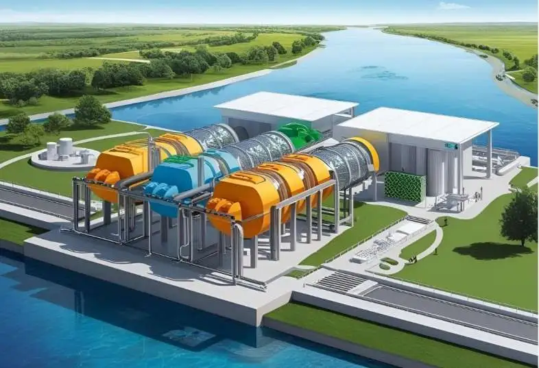 A modern thermal power plant facility located beside a river, featuring multiple large cylindrical cooling units in bright colors, surrounded by green landscape and water channels.
