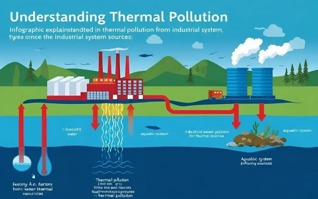 Infographic explaining solutions to thermal pollution from industrial sources and their impact on aquatic systems.