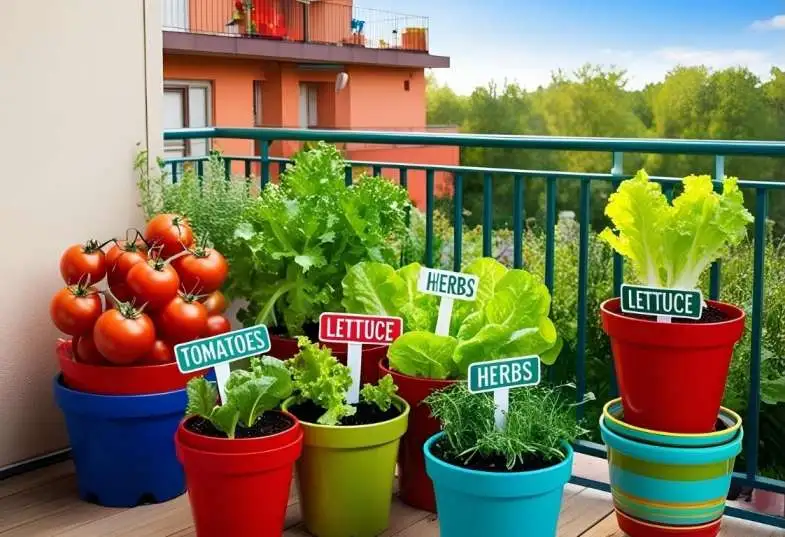 "Beginner balcony vegetable garden with tomatoes, lettuce, and herbs in colorful pots"