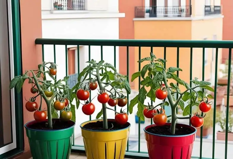 “Cherry tomato plants in colorful balcony containers during summer”