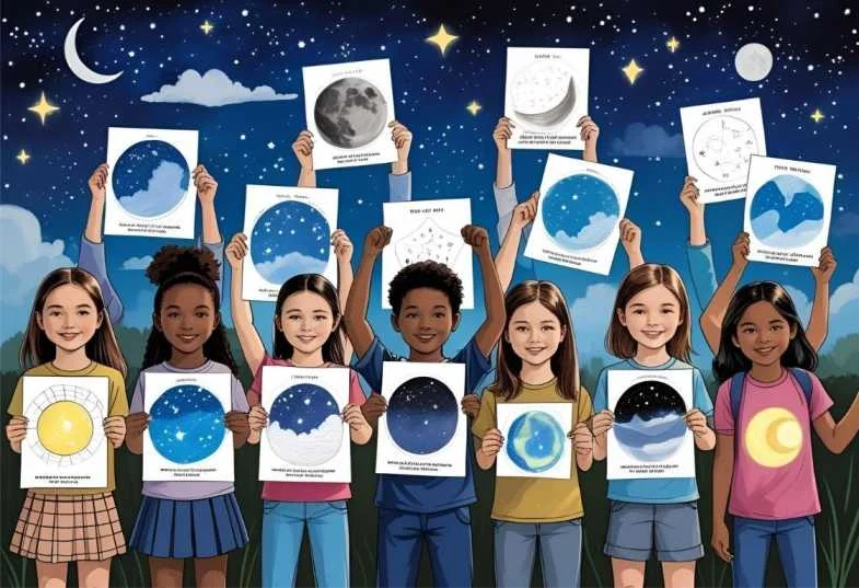 Dark Sky Movement awareness event with children holding handmade light pollution posters.
