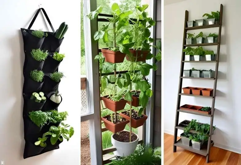 Vertical gardening ideas for balcony using hanging pockets, tiered planters, and ladder shelves