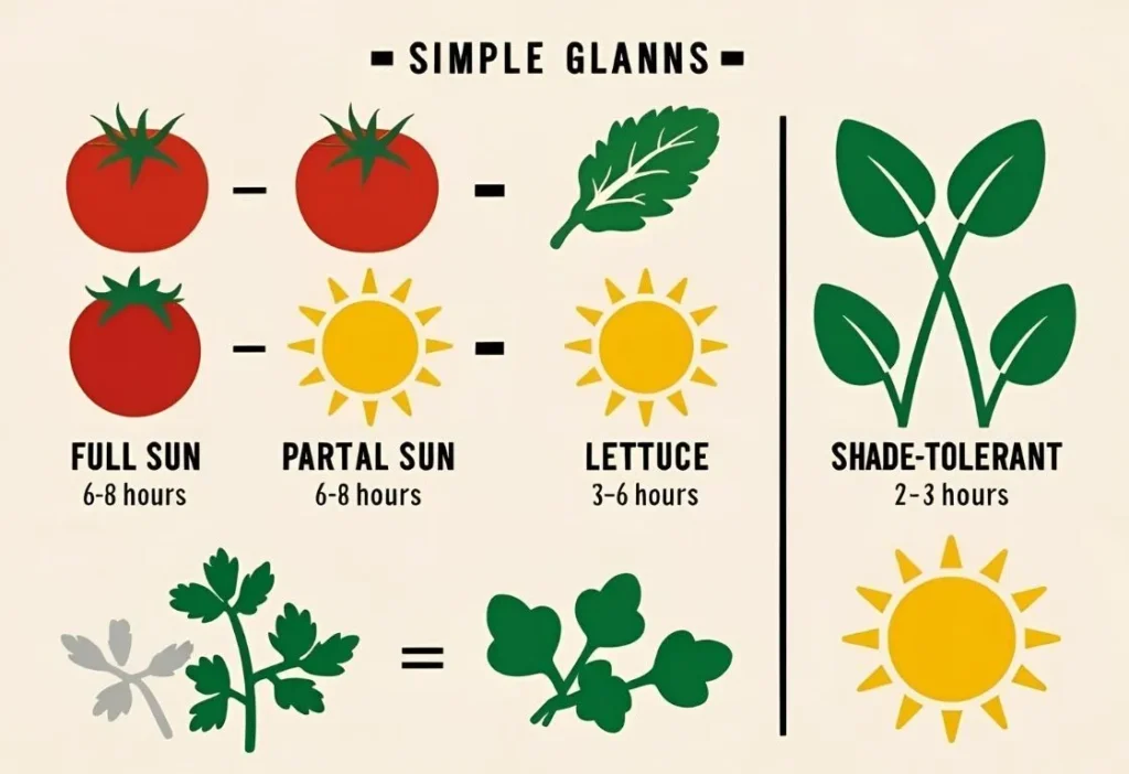 "Sunlight needs for balcony vegetables: full sun, partial sun, and shade-tolerant plants"