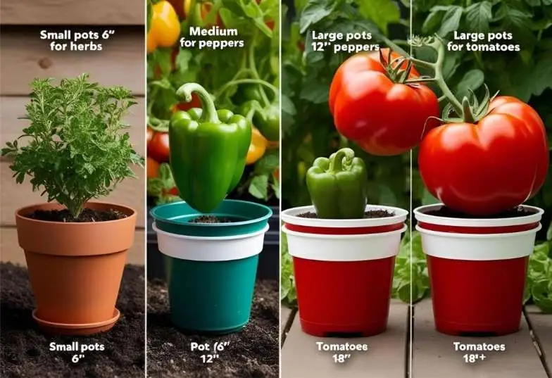 "Small, medium, and large pots for growing herbs, peppers, and tomatoes on a balcony"