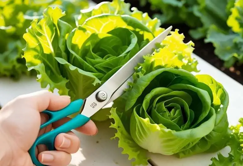 "Hand harvesting lettuce leaves using the cut-and-come-again method in a balcony garden"