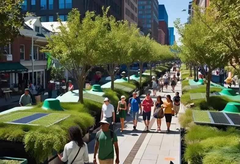 Urban green infrastructure with trees, solar panels, and shaded walkways as sustainable solutions to thermal pollution in cities.