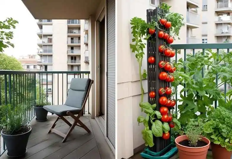 Balcony vegetables for beginners showing a small urban balcony garden with potted herbs and tomato plants