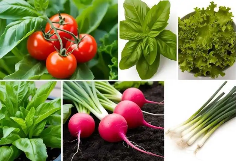 Best vegetables for balcony garden including tomatoes, lettuce, basil, spinach, radishes, and green onions