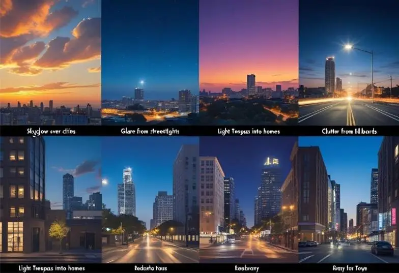 Dark Sky Movement infographic showing types of light pollution: skyglow, glare, light trespass, and clutter.