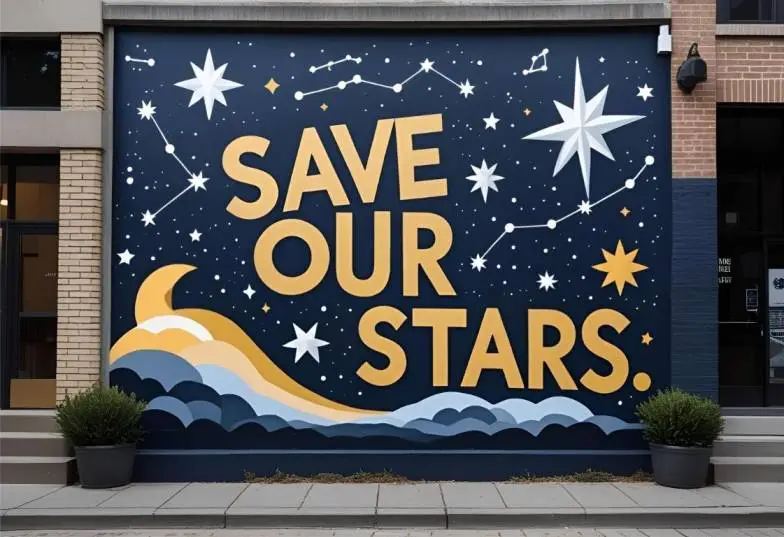 Dark Sky Movement mural in urban area showing starlit sky and light pollution awareness message.