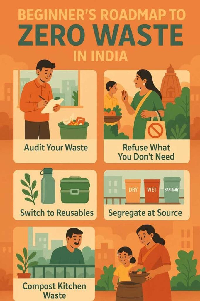 Beginner’s roadmap to zero-waste lifestyle in India showing steps like auditing waste, refusing unnecessary items, switching to reusables, segregating waste, and composting kitchen scraps.