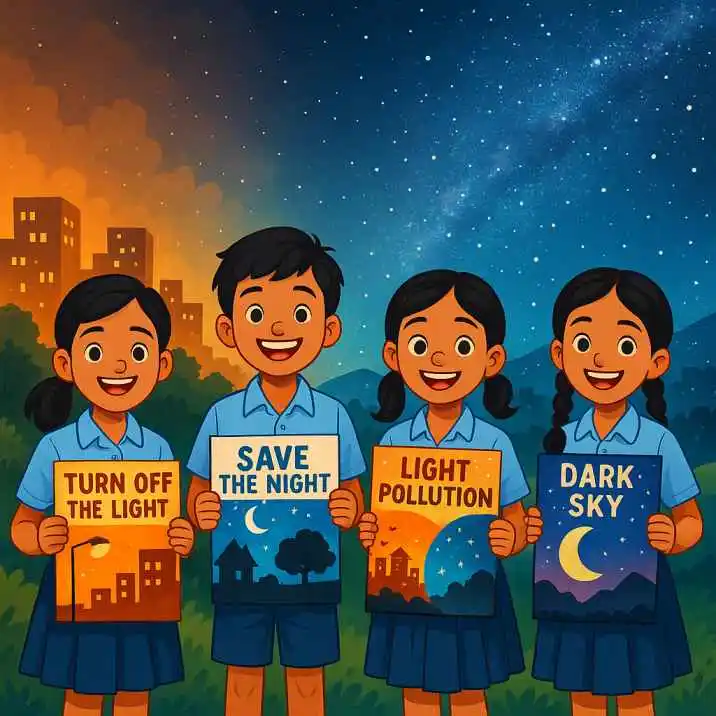 “Children holding posters to raise awareness about light pollution and the dark sky movement during a nighttime campaign.”