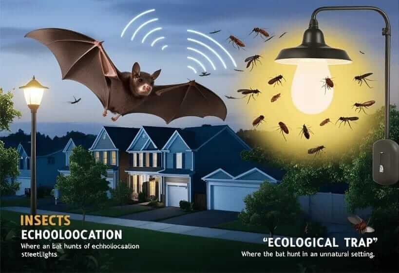 Light Pollution Drawing with Animals showing a bat using echolocation while flying over a streetlight attracting insects in a suburban area.